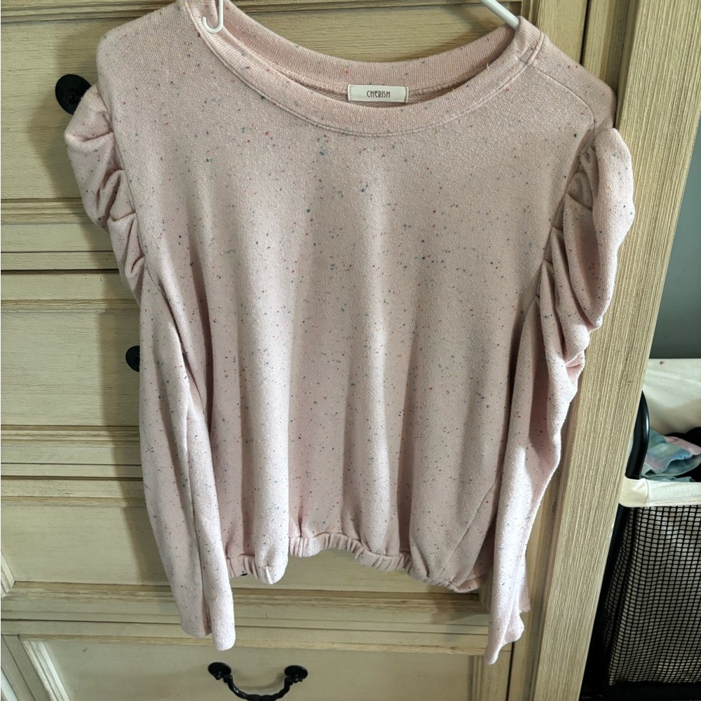 Cherish Light Pink Speckled Ruffle Sleeve Sweatshirt